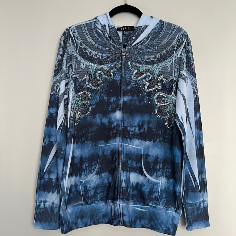 B.L.E.U. Embellished Tie Dye Printed Full-Zip Hooded Light Jacket Cardigan L